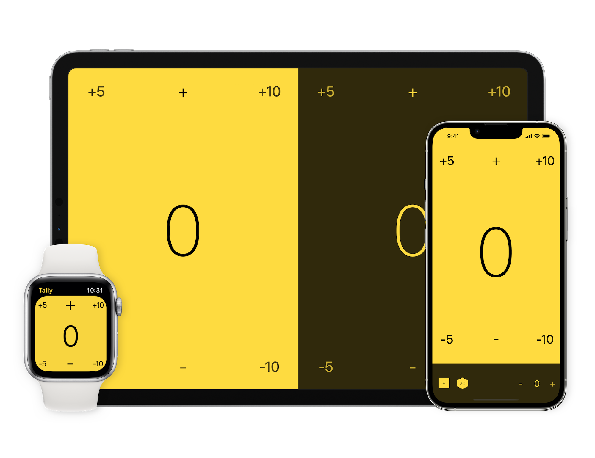 iPad Pro, iPhone, and Apple Watch all running Tally.