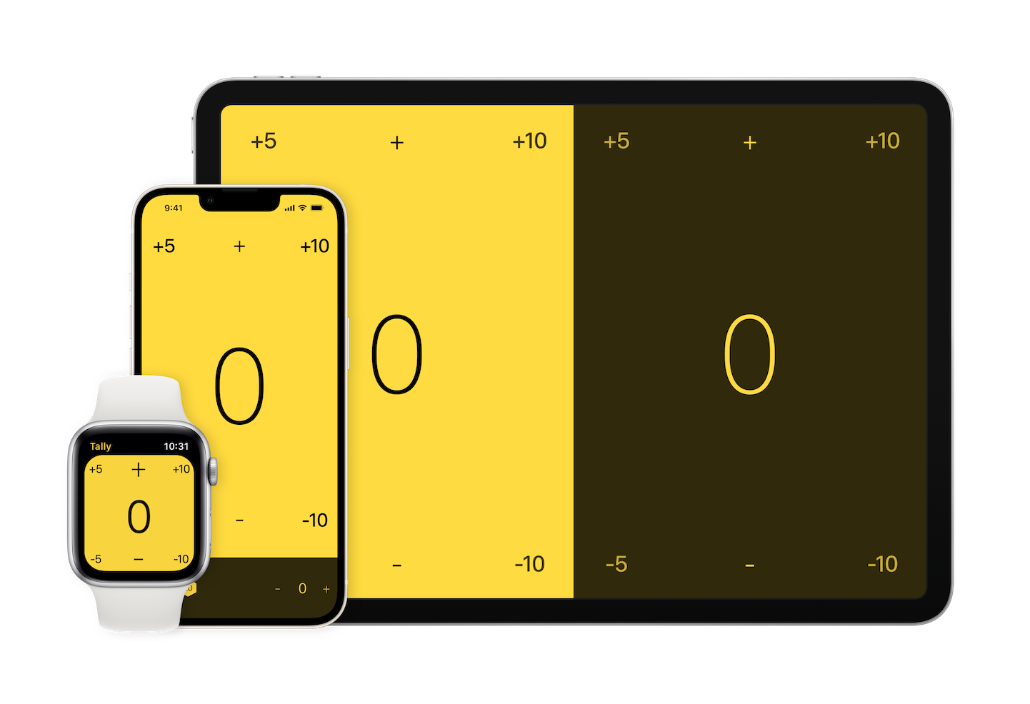 iPad Pro, iPhone, and Apple Watch all running Tally.